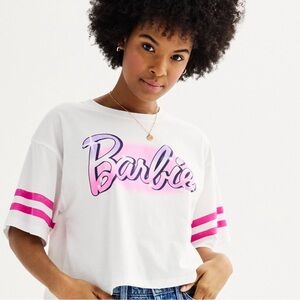 Barbie Pink And White Airbrushed Logo Cropped Varsity Graphic Tee Size XL NEW